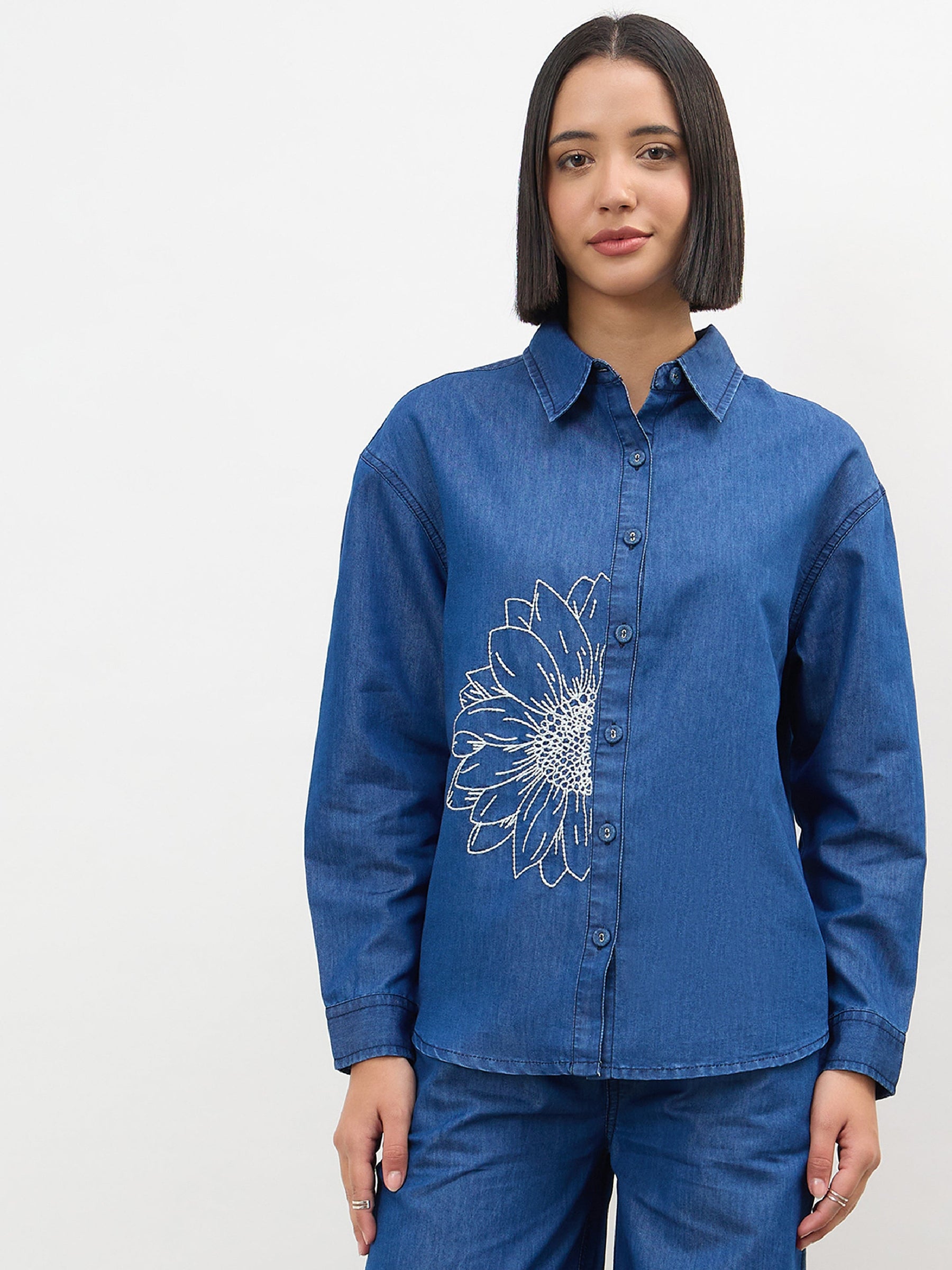 Women Navy Embroidered Oversize Shirt