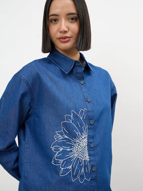 Women Navy Embroidered Oversize Shirt