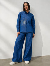 Navy Embroidered Oversize Shirts With Straight Pants-SASSAFRAS
