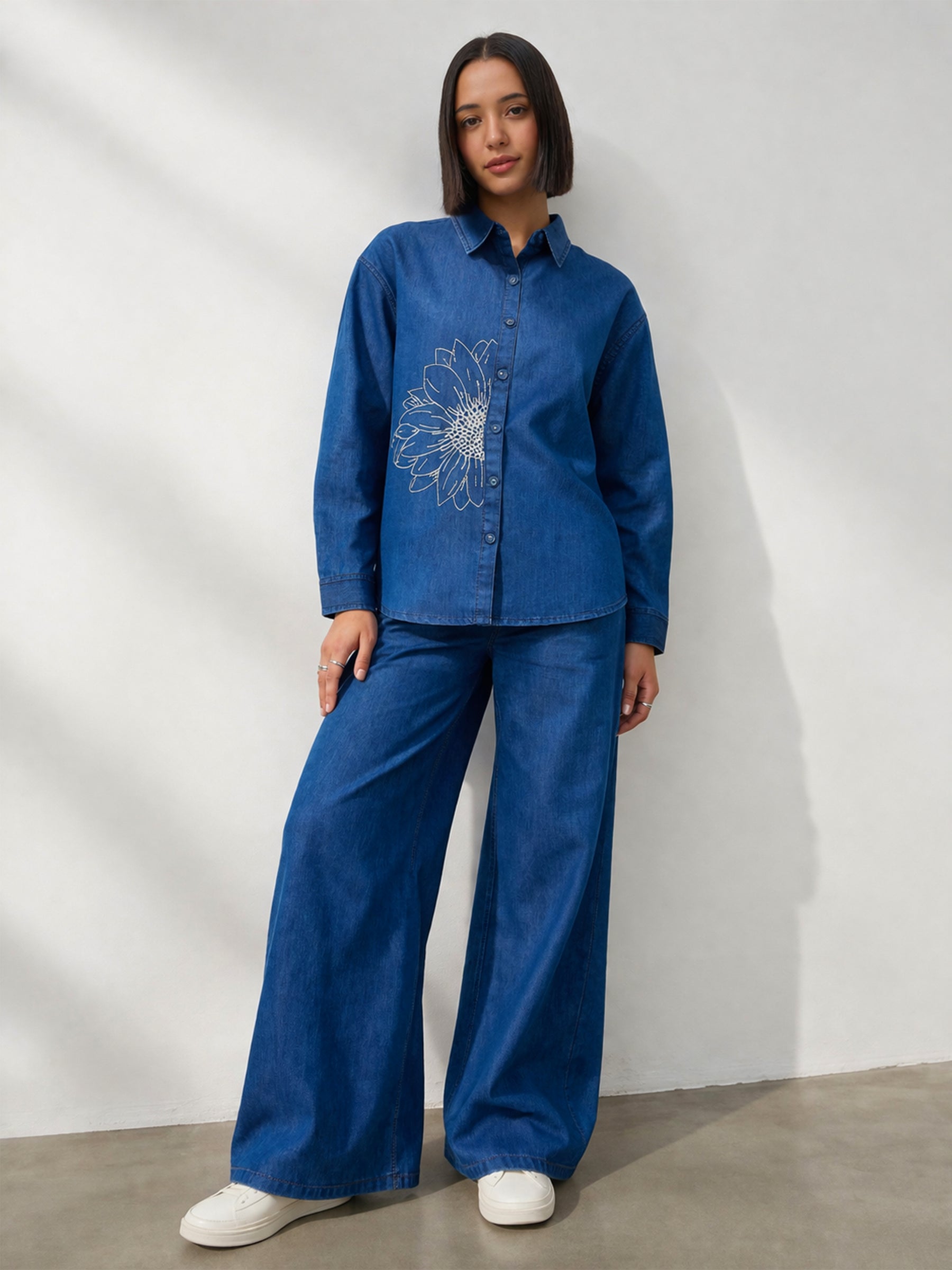 Navy Embroidered Oversize Shirts With Straight Pants-SASSAFRAS
