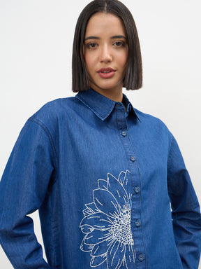 Navy Embroidered Oversize Shirts With Straight Pants-SASSAFRAS