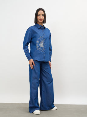 Navy Embroidered Oversize Shirts With Straight Pants-SASSAFRAS