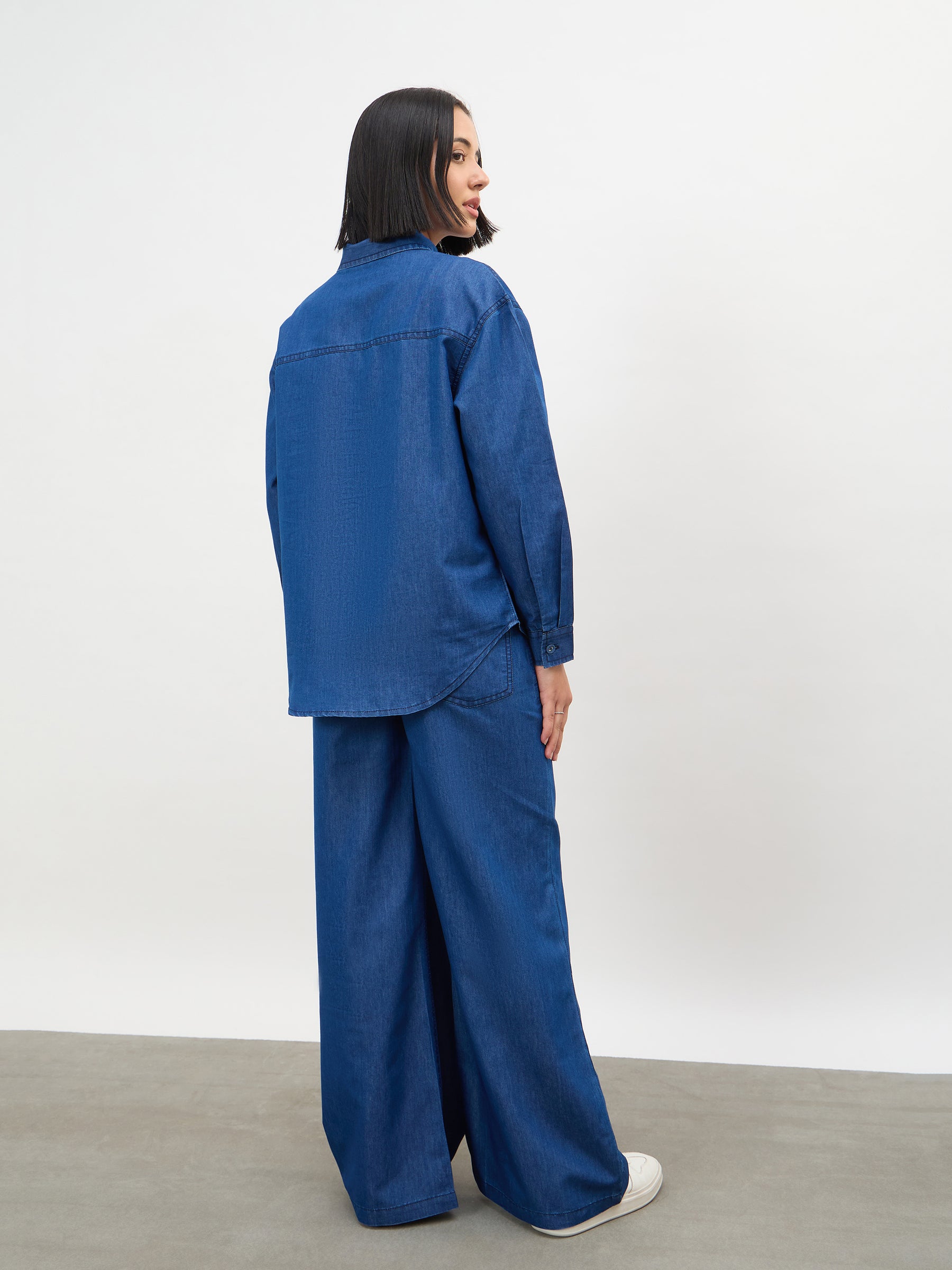 Navy Embroidered Oversize Shirts With Straight Pants-SASSAFRAS