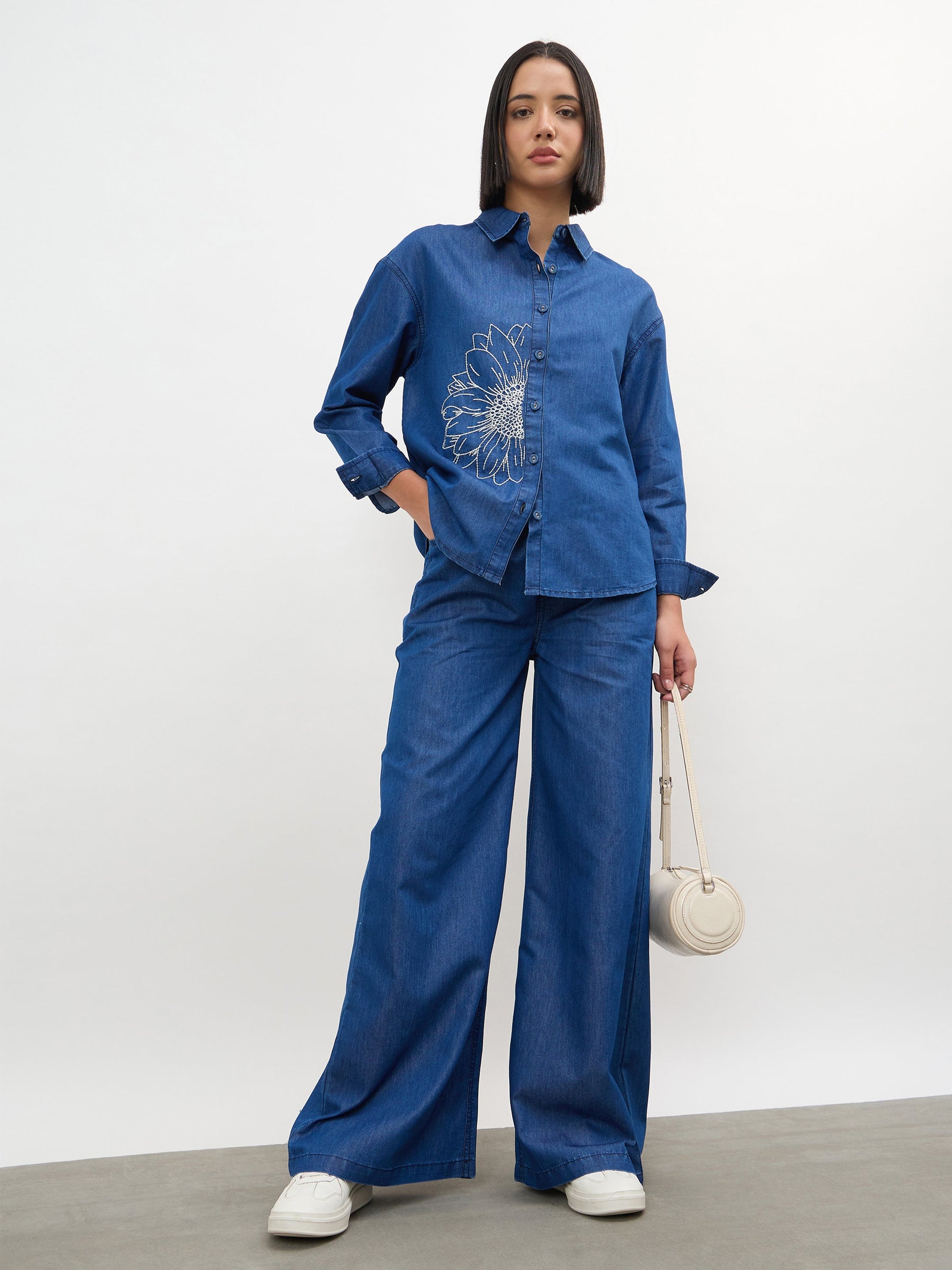 Women Navy Embroidered Oversize Shirts With Straight Pants