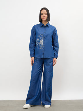 Women Navy Embroidered Oversize Shirts With Straight Pants