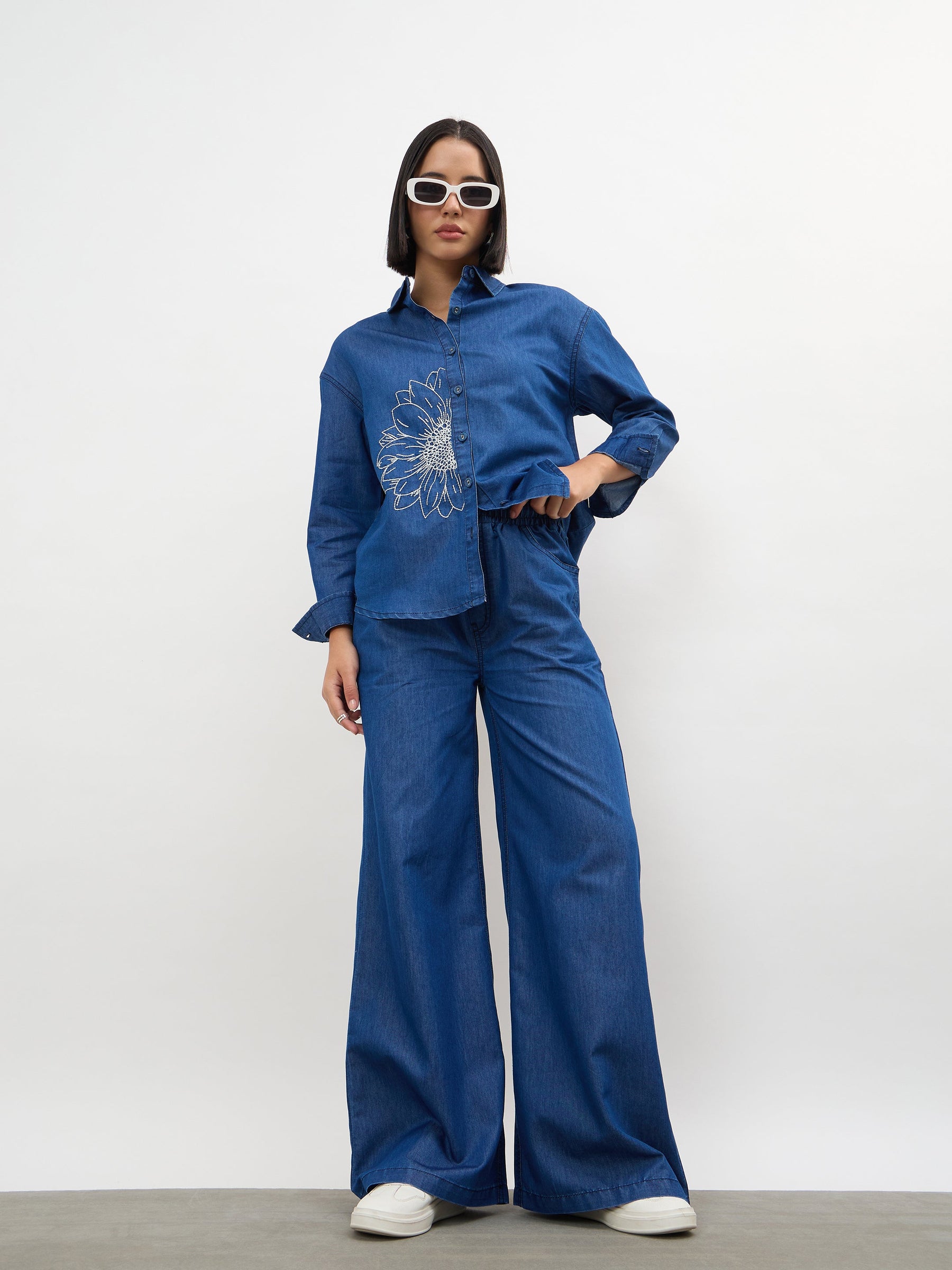Women Navy Embroidered Oversize Shirts With Straight Pants