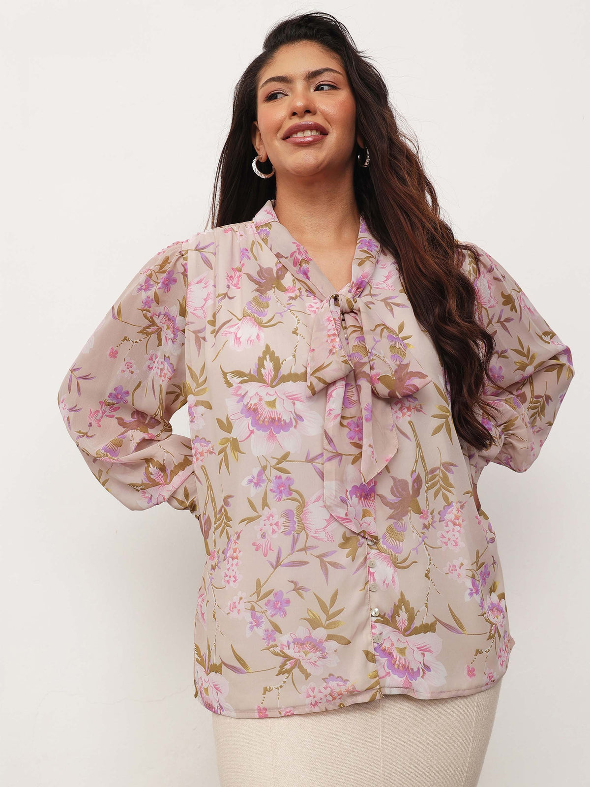 Beige Floral Neck Tie-Up Regular Shirt-SASSAFRAS Curve