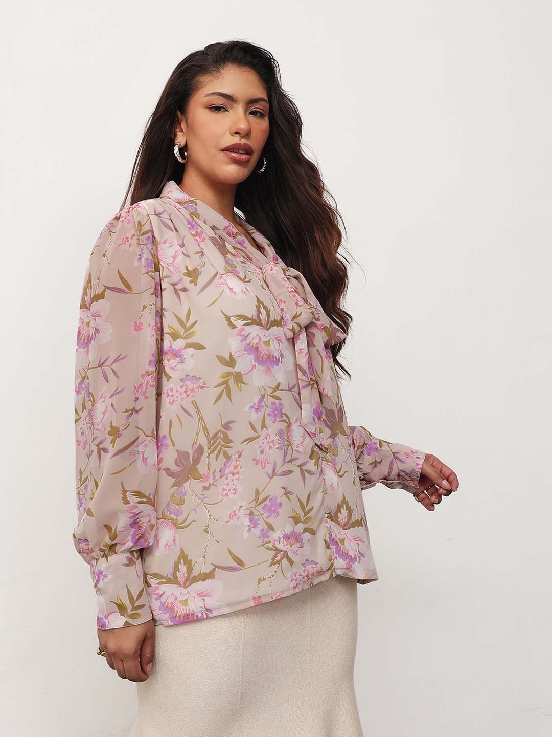 Beige Floral Neck Tie-Up Regular Shirt-SASSAFRAS Curve