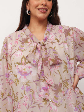 Beige Floral Neck Tie-Up Regular Shirt-SASSAFRAS Curve