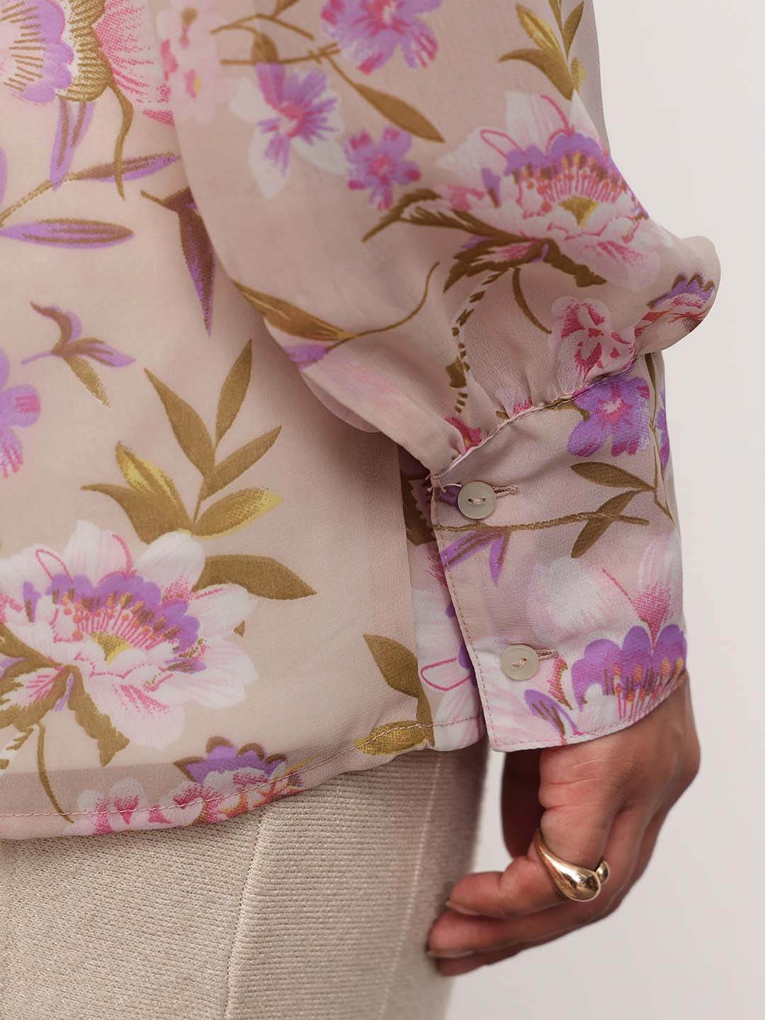 Beige Floral Neck Tie-Up Regular Shirt-SASSAFRAS Curve