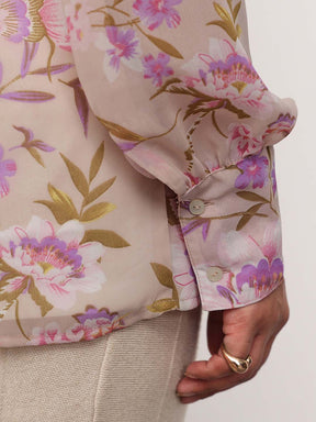 Beige Floral Neck Tie-Up Regular Shirt-SASSAFRAS Curve