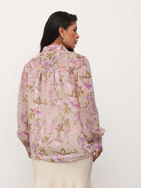 Women Beige Floral Neck Tie-Up Regular Shirt