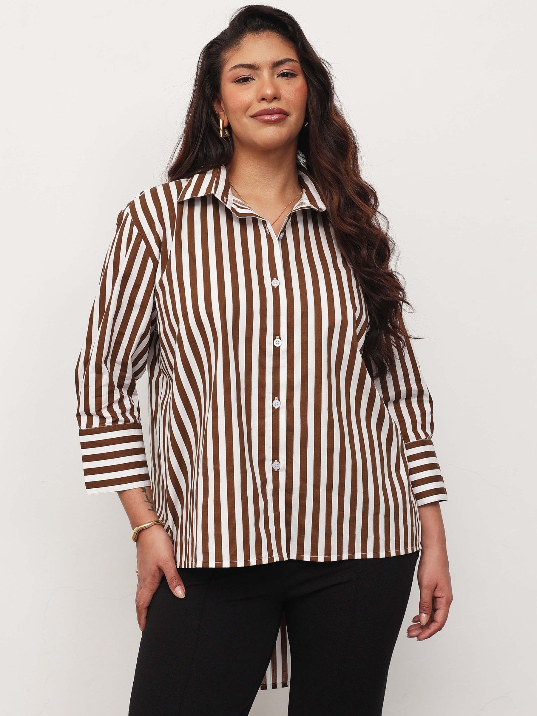 Brown Stripe High-Low Regular Shirt -SASSAFRAS Curve