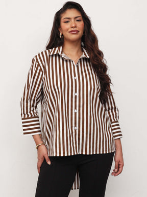 Brown Stripe High-Low Regular Shirt -SASSAFRAS Curve
