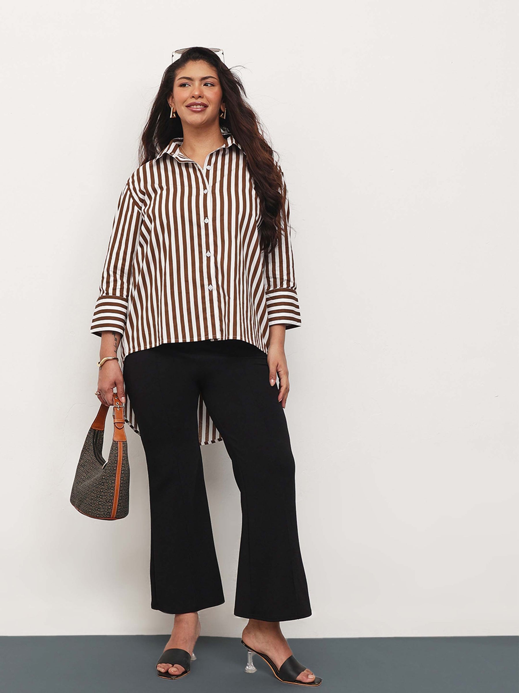 Brown Stripe High-Low Regular Shirt -SASSAFRAS Curve