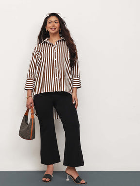Brown Stripe High-Low Regular Shirt -SASSAFRAS Curve