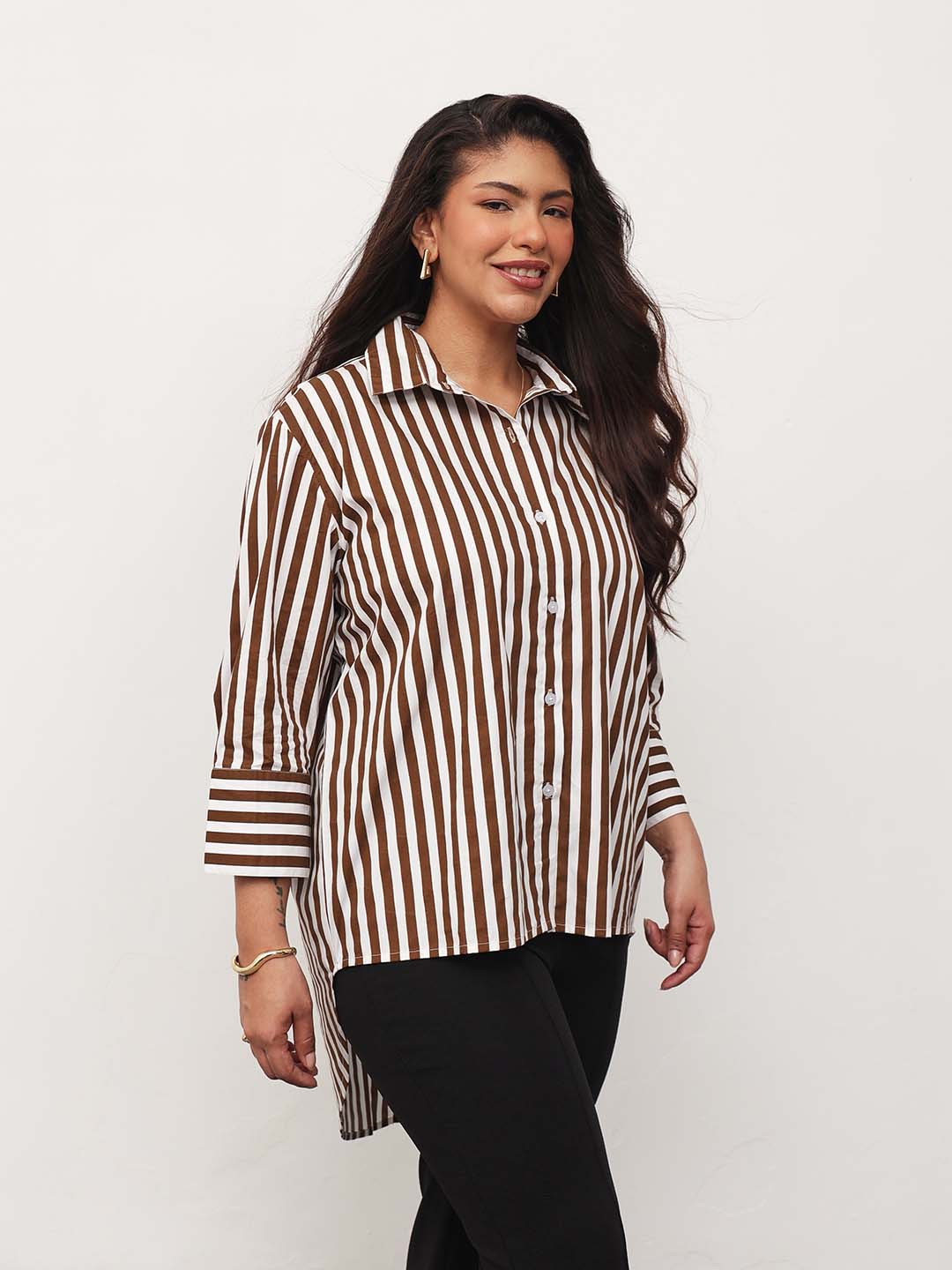 Brown Stripe High-Low Regular Shirt -SASSAFRAS Curve