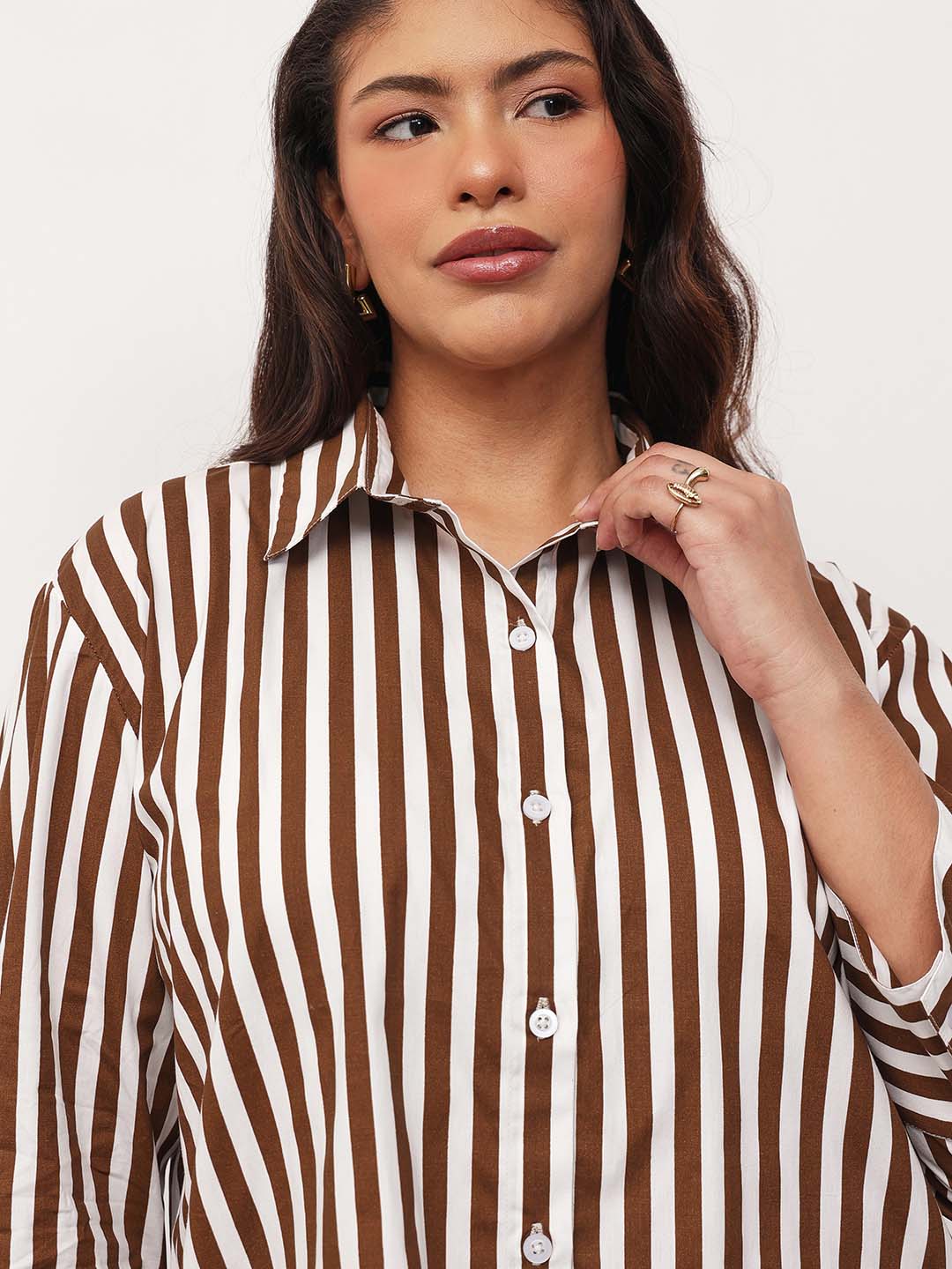 Brown Stripe High-Low Regular Shirt -SASSAFRAS Curve