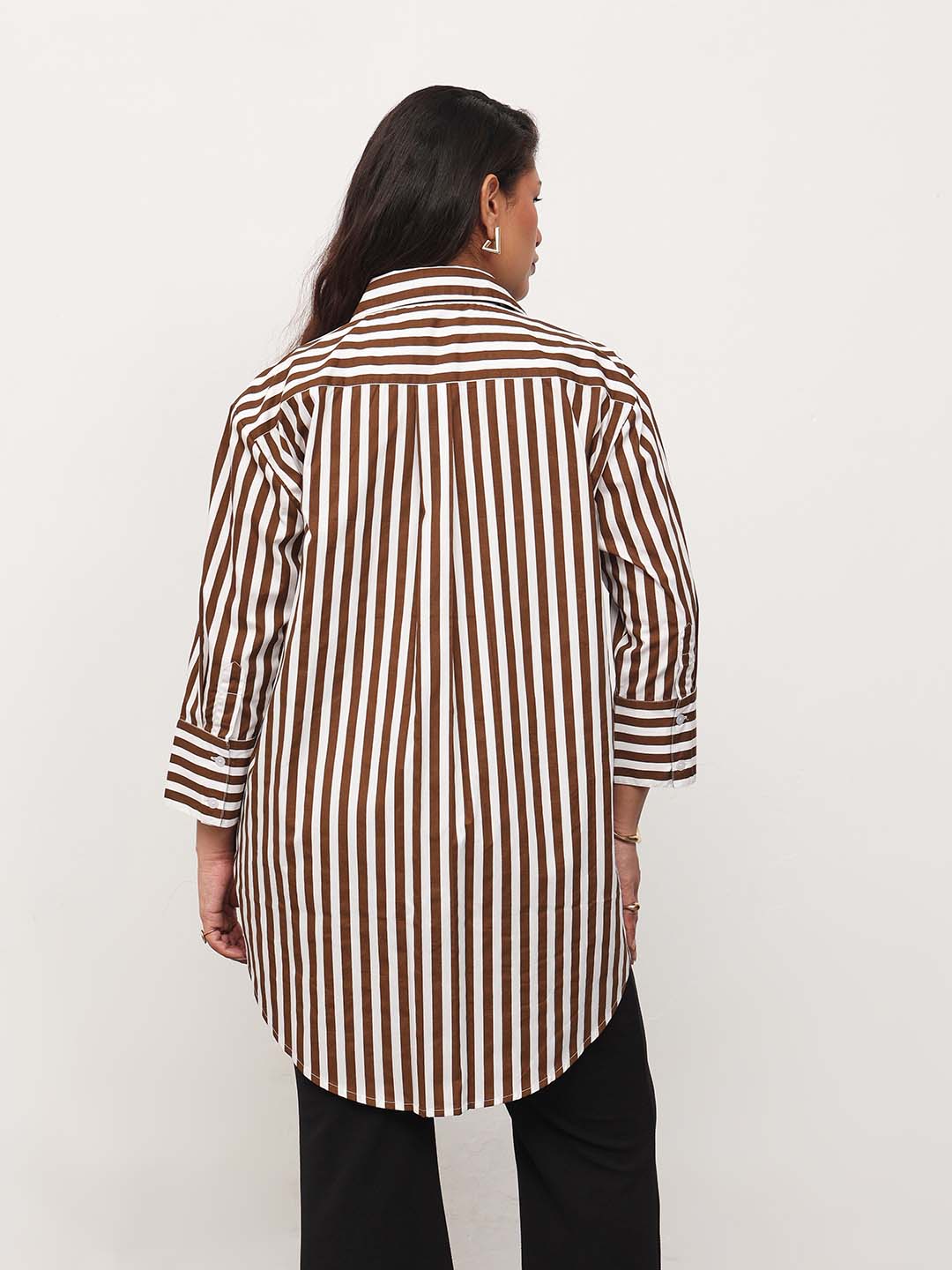 Brown Stripe High-Low Regular Shirt -SASSAFRAS Curve