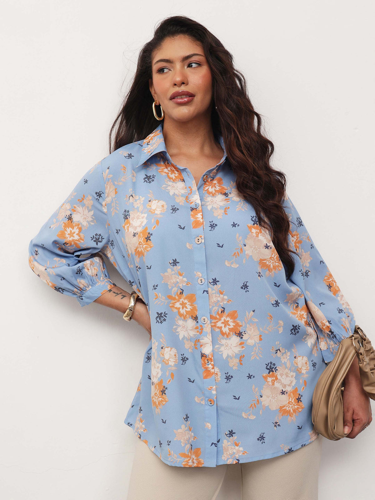 Blue Floral Front Button Regular Shirt -SASSAFRAS Curve