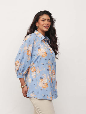 Blue Floral Front Button Regular Shirt -SASSAFRAS Curve