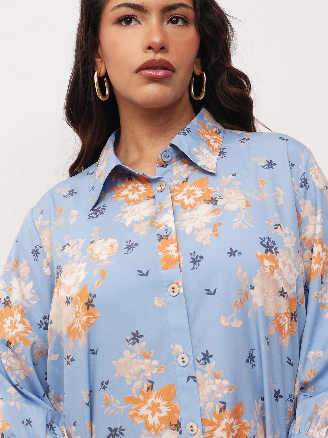 Blue Floral Front Button Regular Shirt -SASSAFRAS Curve