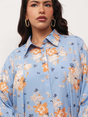 Blue Floral Front Button Regular Shirt -SASSAFRAS Curve
