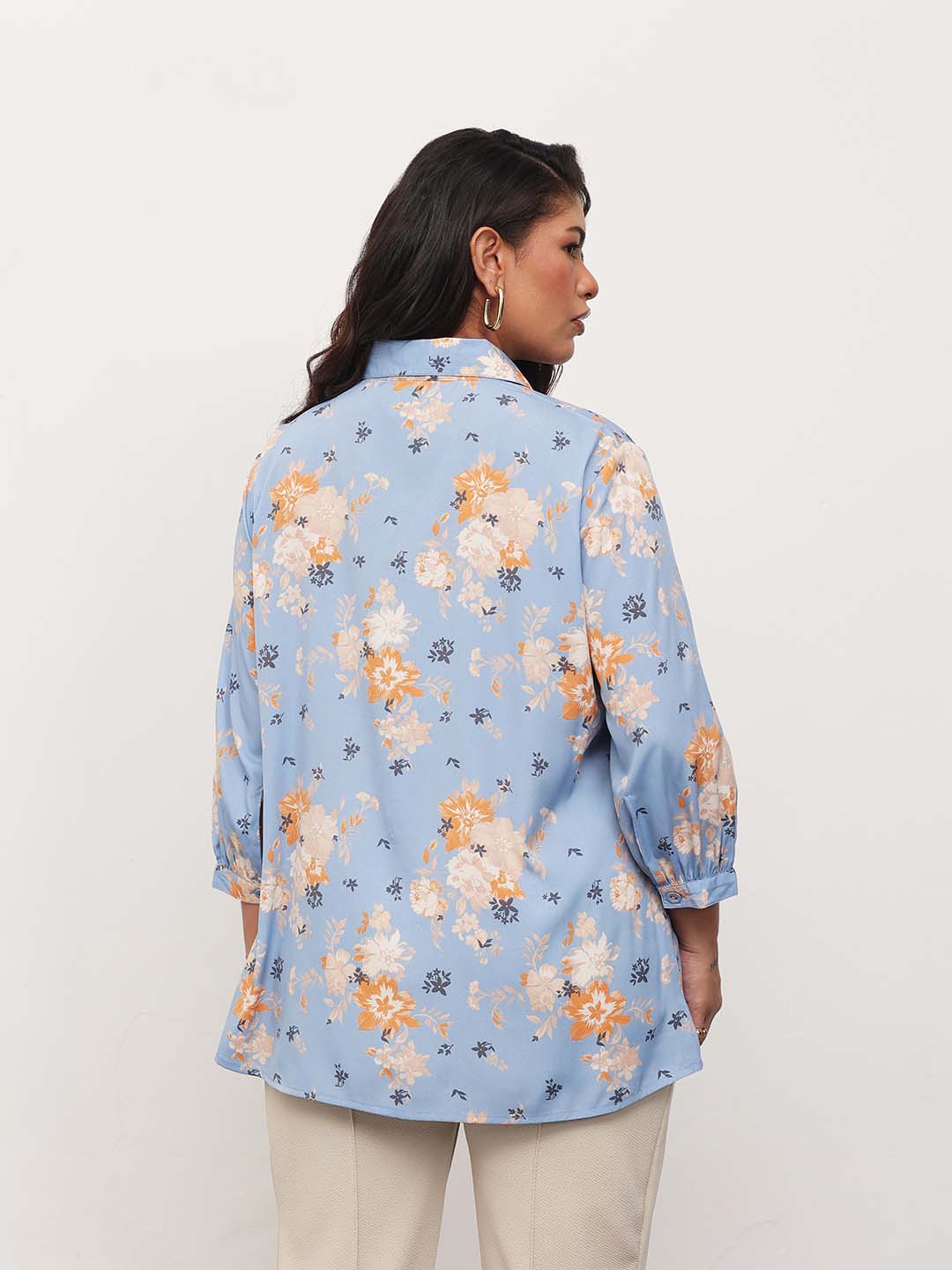 Blue Floral Front Button Regular Shirt -SASSAFRAS Curve