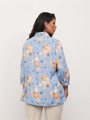 Blue Floral Front Button Regular Shirt -SASSAFRAS Curve
