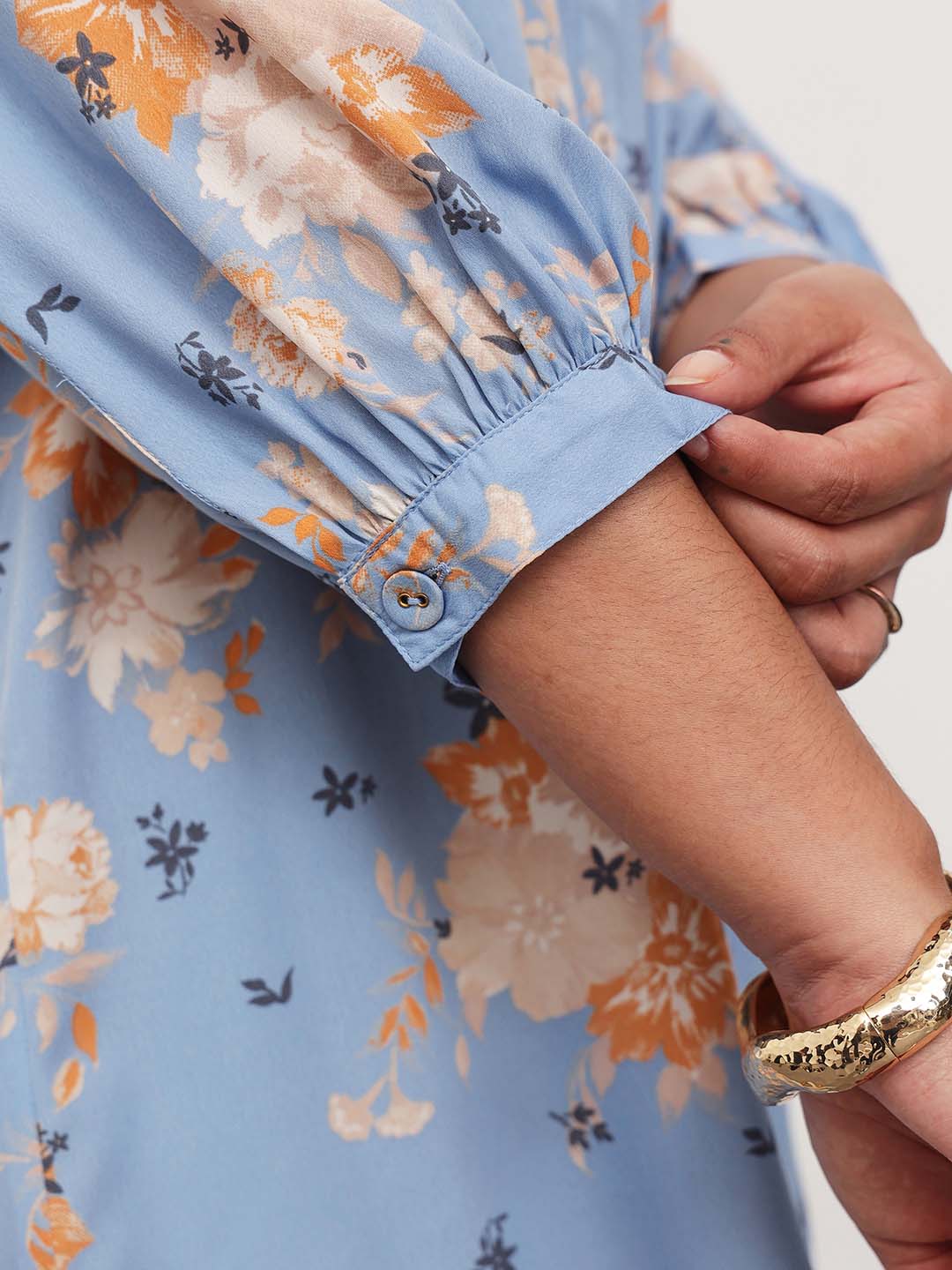 Women Blue Floral Front Button Regular Shirt