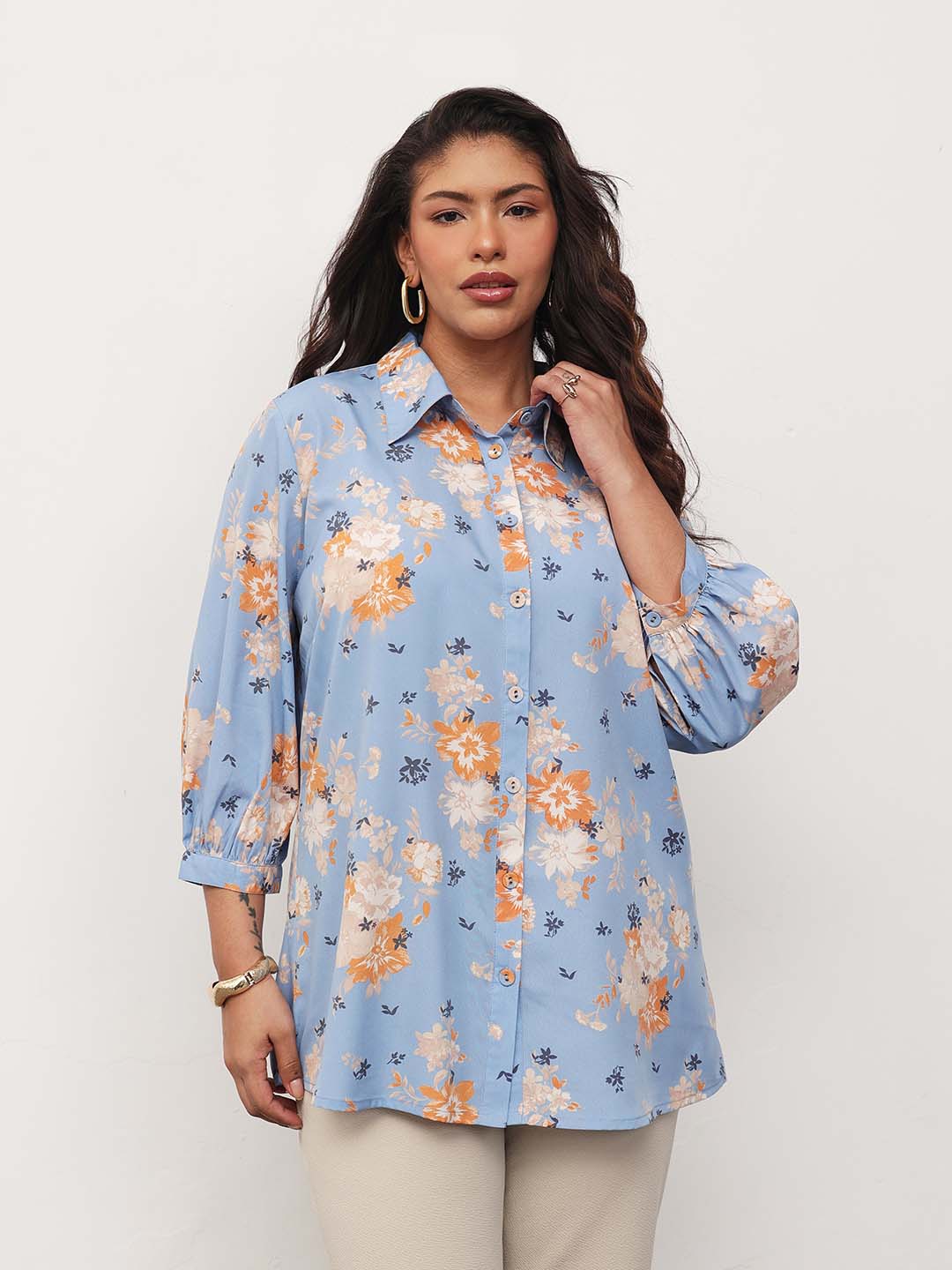 Women Blue Floral Front Button Regular Shirt