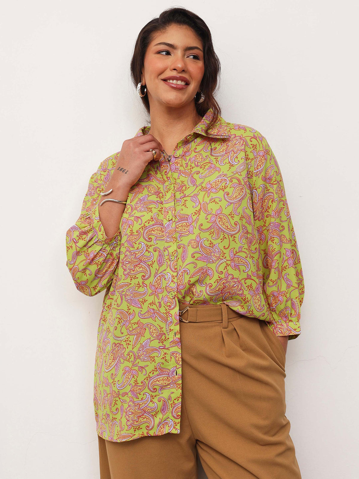 Neon Green Paisley Front Button Regular Shirt -SASSAFRAS Curve
