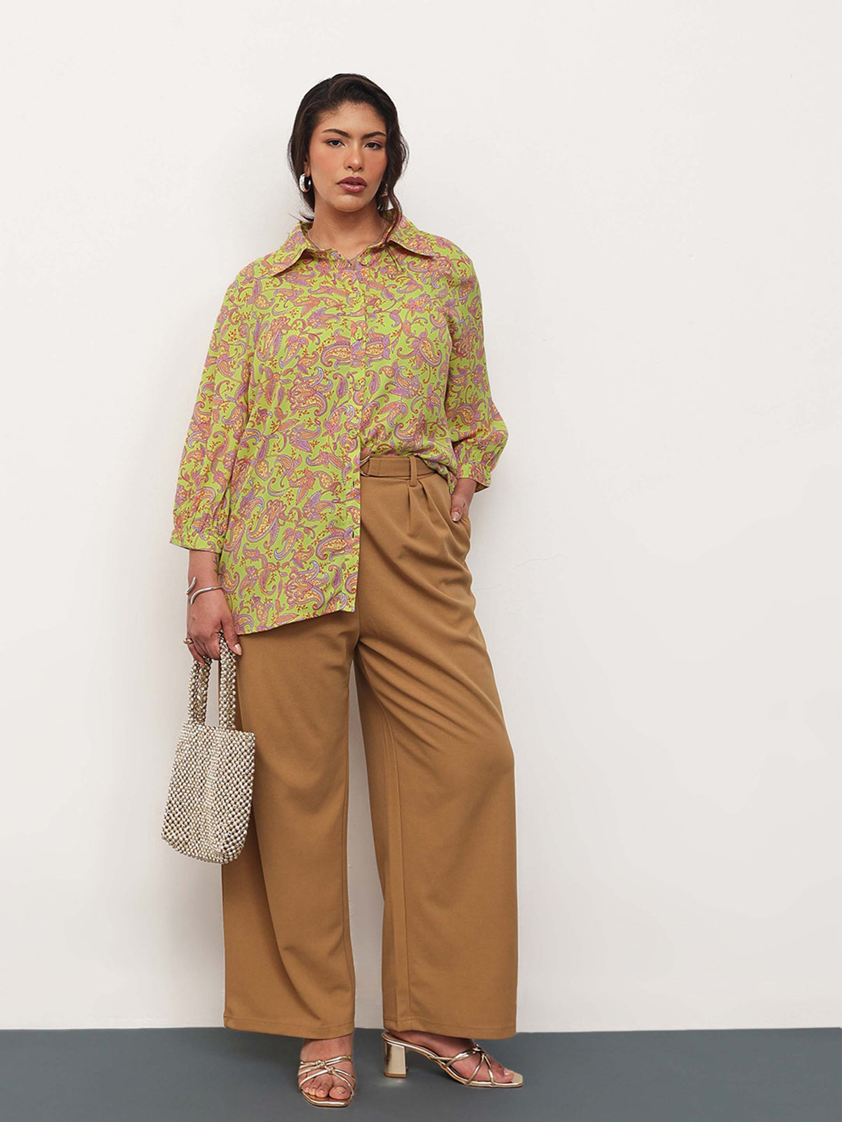 Neon Green Paisley Front Button Regular Shirt -SASSAFRAS Curve