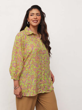 Neon Green Paisley Front Button Regular Shirt -SASSAFRAS Curve