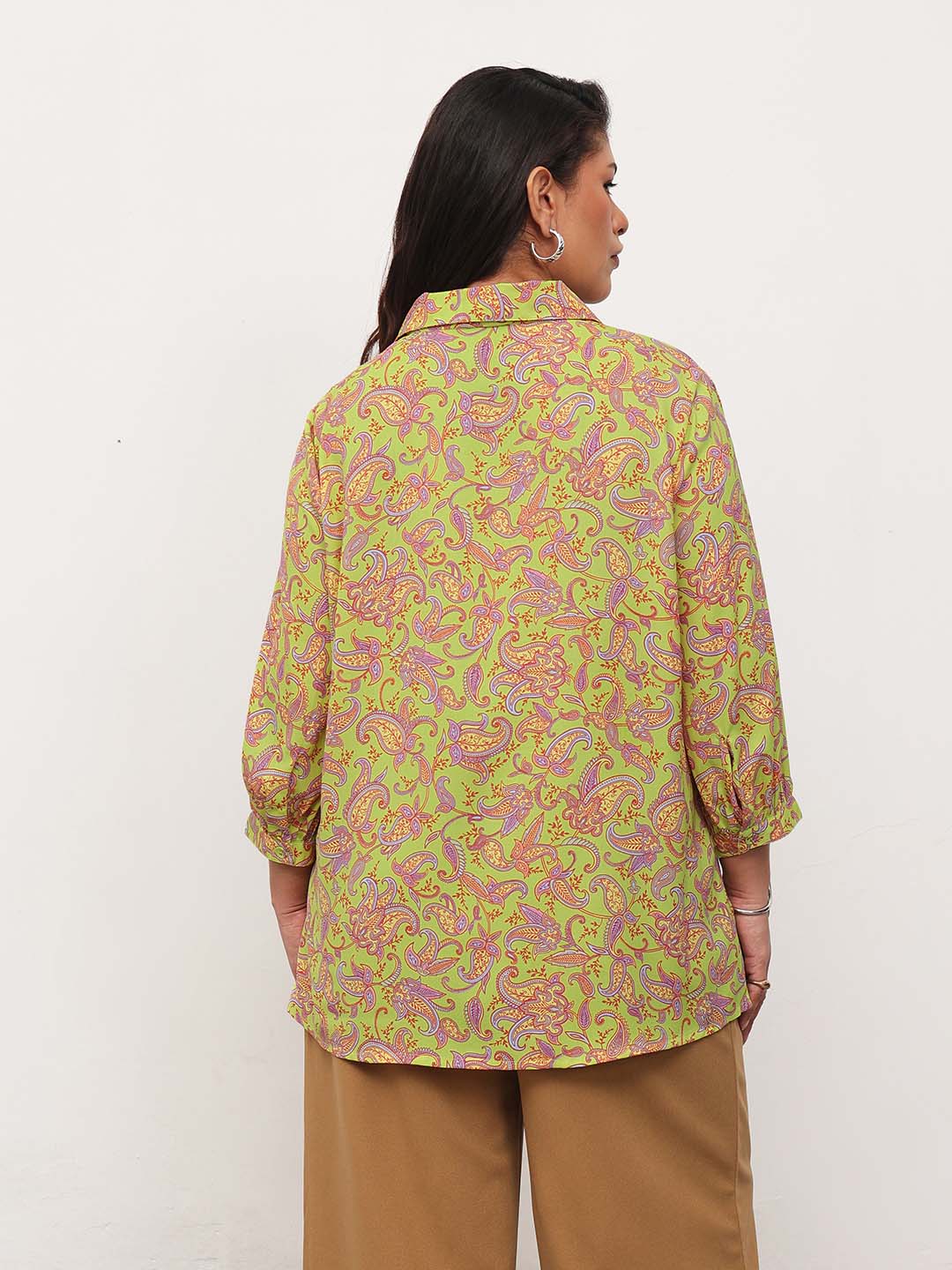 Neon Green Paisley Front Button Regular Shirt -SASSAFRAS Curve