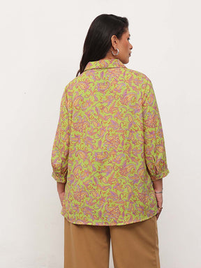 Neon Green Paisley Front Button Regular Shirt -SASSAFRAS Curve