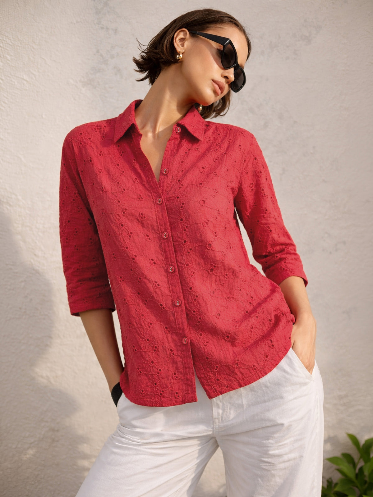 Red Schiffli Regular Shirt-SASSAFRAS
