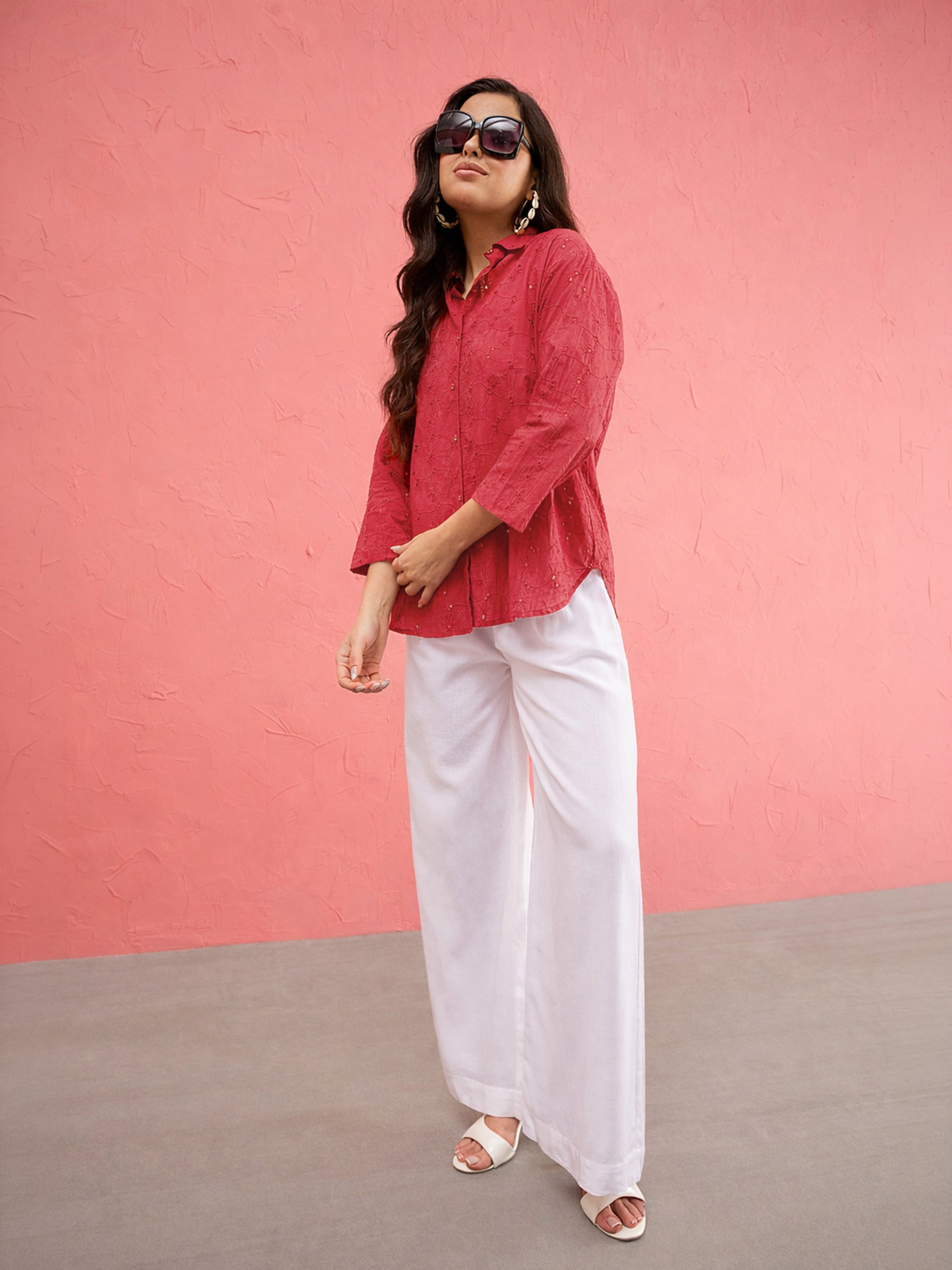 Red Schiffli Regular Shirt-SASSAFRAS