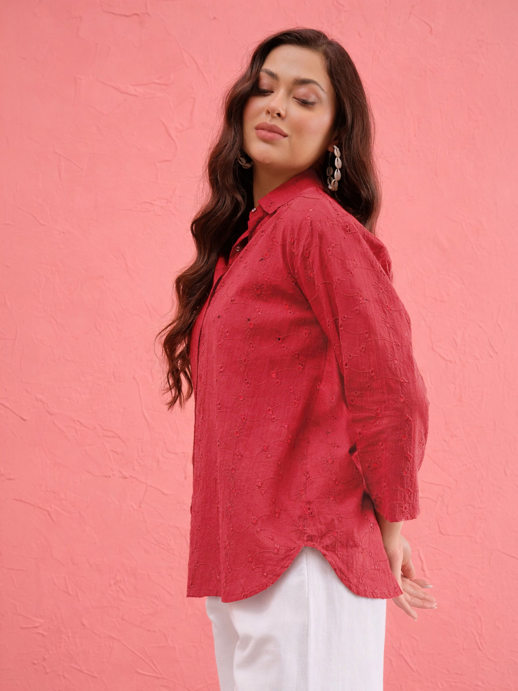 Red Schiffli Regular Shirt-SASSAFRAS