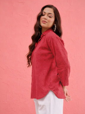 Red Schiffli Regular Shirt-SASSAFRAS