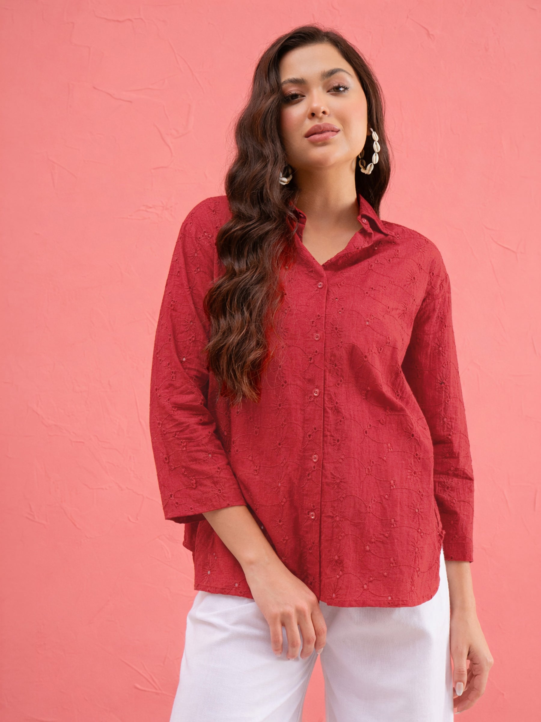 Red Schiffli Regular Shirt-SASSAFRAS