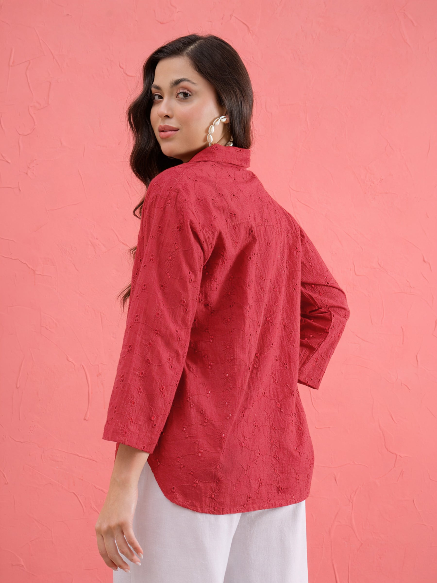 Women Red Schiffli Regular Shirt
