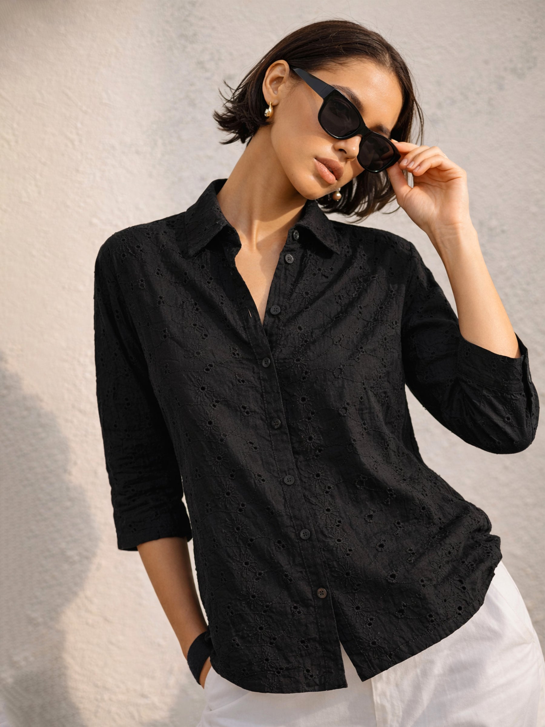 Black Schiffli Regular Shirt-SASSAFRAS