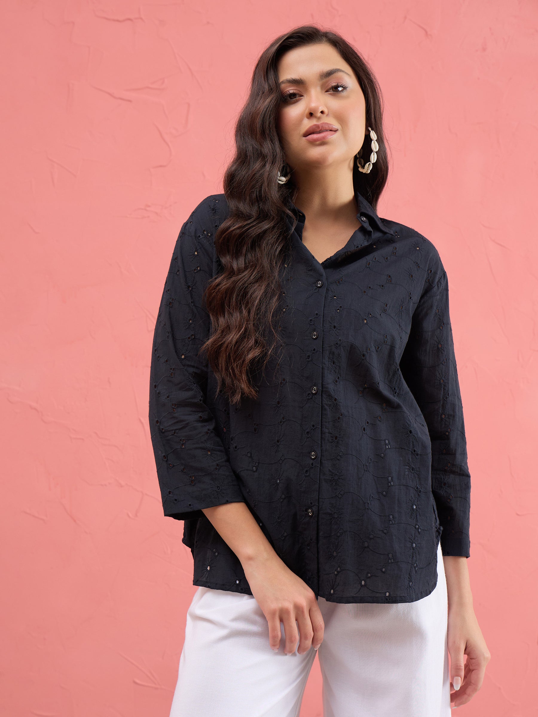 Black Schiffli Regular Shirt-SASSAFRAS