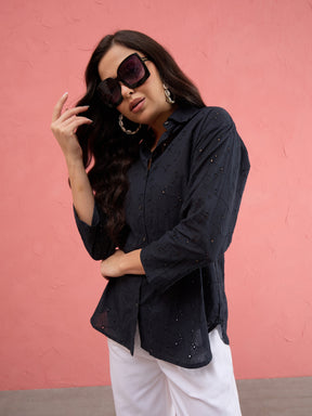Women Black Schiffli Regular Shirt