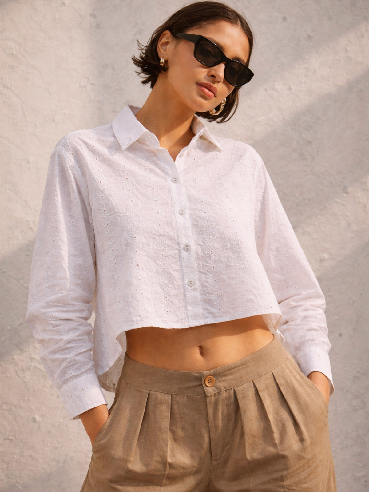White Schiffli Back Tie Crop Shirt-SASSAFRAS