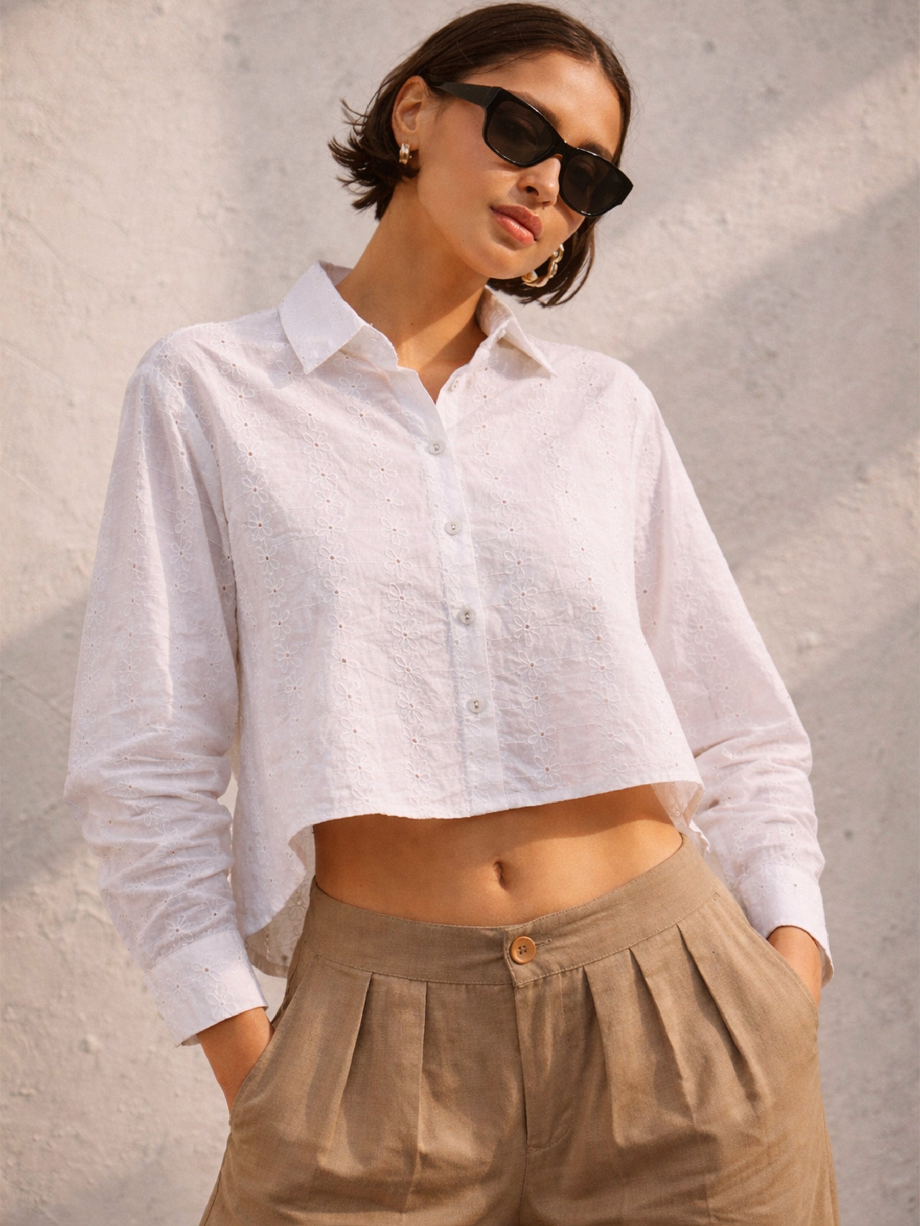 White Schiffli Back Tie Crop Shirt-SASSAFRAS