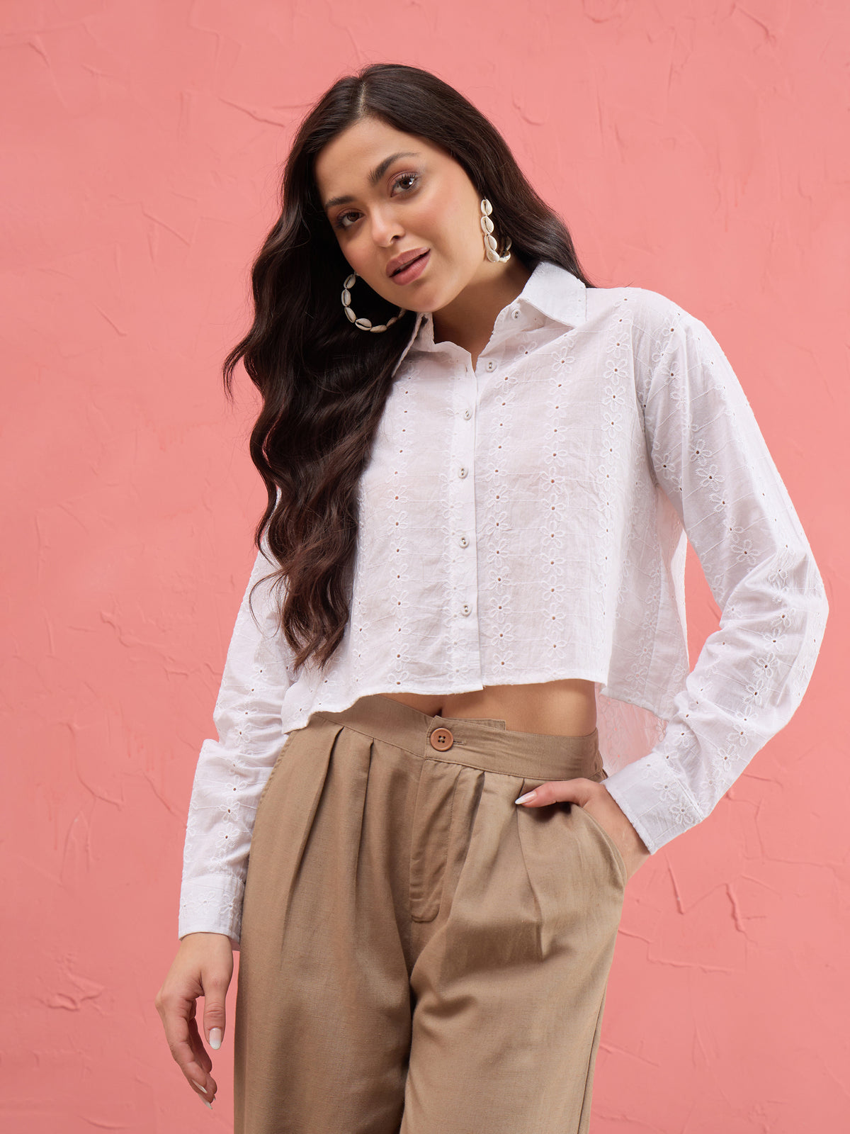 White Schiffli Back Tie Crop Shirt-SASSAFRAS