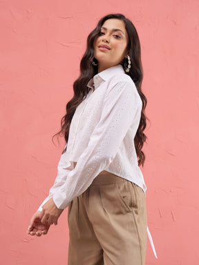 White Schiffli Back Tie Crop Shirt-SASSAFRAS