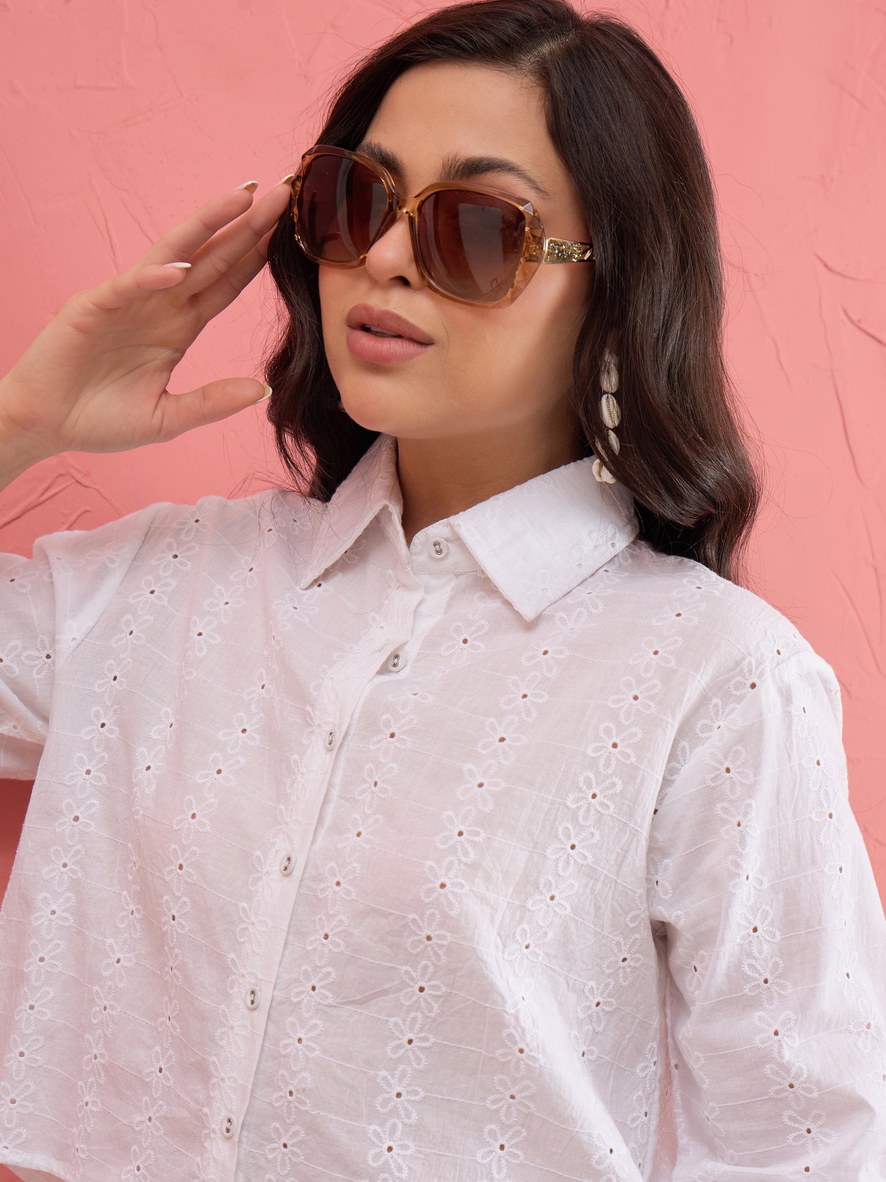 White Schiffli Back Tie Crop Shirt-SASSAFRAS